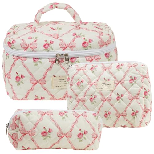 TIAASTAP 3-teiliges Reise Kosmetiktasche Damen Gesteppte Make up Tasche mit Bogenmuster, Groß Kulturbeutel Set Vanilla Girl Aesthetic Schminktasche Make up Bag Cosmetic Bag Clean Girl TIAASTAP 3-teiliges Reise Kosmetiktasche Damen Gesteppte Make up Tasche mit Bogenmuster, Groß Kulturbeutel Set Vanilla Girl Aesthetic Schminktasche Make up Bag Cosmetic Bag Clean Girl von TIAASTAP