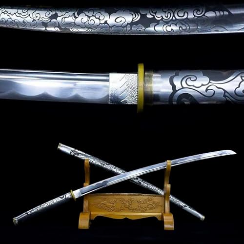 100,5cm handgefertigtes Samurai-Schwert,Klinge aus Kohlenstoffstahl mit handgebranntem Wellenmuster,Scheide und Handschutz aus Edelstahl,echtes Katana für Kampfsporttraining,Spielen,Selbstverteidigung von TIANTAO