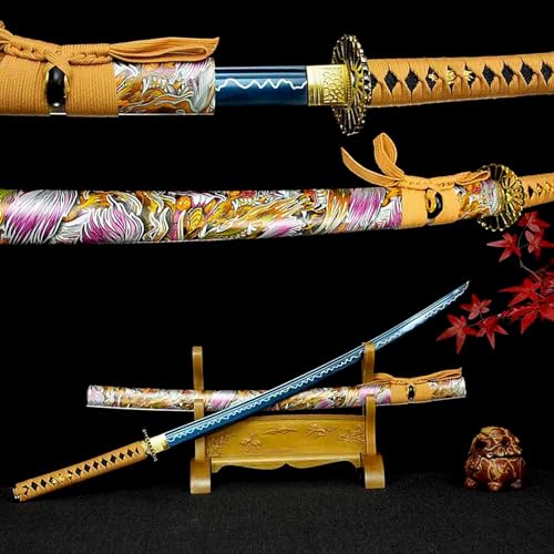 102cm handgefertigtes Samurai-Schwert,Klinge aus Manganstahl mit gegrillter blauer Handwerkskunst,Scheide aus massivem Holz mit bemalten Mustern,echte Katana für Geschenke,Kampfsport,Weihnachten,Iaido von TIANTAO