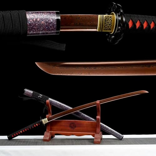 103cm handgefertigtes Katana-Schwert,Musterstahl Klinge mit roter Handwerkskunst,Massivholz Scheide mit Lack,echtes Samurai-Schwert für Geschenke,Fitness,Requisiten,Kendo-Training,Spielen,Halloween von TIANTAO