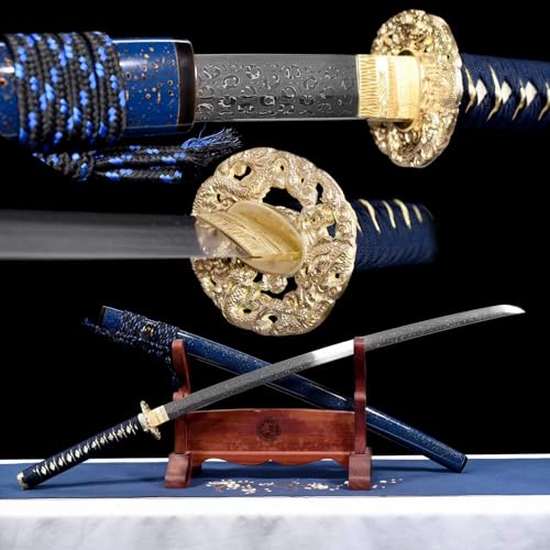 103cm handgefertigtes Samurai Schwert,Musterstahl Klinge und Schutzbügel aus reinem Kupfer,Scheide aus massivem Holz mit Hörner Dekoration,echtes Katana zum Sammeln,Schenken,Dekorieren,Kampfsport von TIANTAO