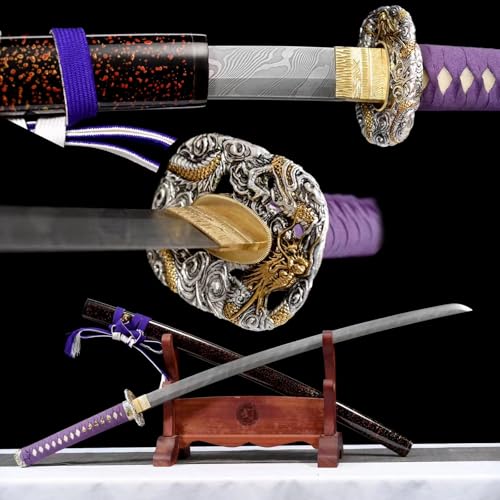 103cm handgefertigtes Samurai-Schwert,Musterstahl klinge und Schutzbügel aus reinem Kupfer,Scheide aus massivem Holz mit Hornverzierung,echtes Katana-Schwert zum Sammeln,Schenken,Dekorieren,Kampfsport von TIANTAO