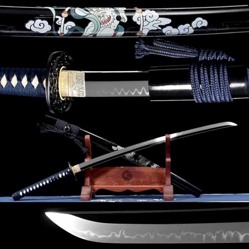 103cm handgefertigtes Samurai Schwert,T10-Stahl Klinge mit handgebranntem Flammenmuster,Massivholz Scheide mit bemaltem Muster,echtes Katana Schwert für Selbstverteidigung,Spielen,Fitness,Geschenke von TIANTAO