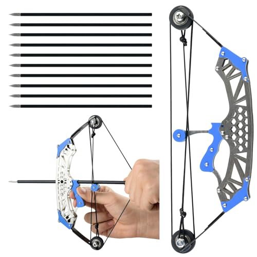 Mini Compound Bogen Set mit blauen Akzenten Edelstahl Bogen und Pfeile Ideal für Outdoor-Sport und Wettkämpfe (Große Schwarze Riemenscheibe) von TIETHEKNOT