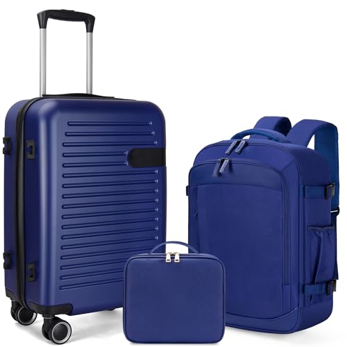 TILYMOL Gepäcksets 3 Teilig Handgepäck Kofferset mit Spinnrad Hardshell Gepäcksets mit TSA-Schloss Reisegepäck Set mit Reiserucksack für Herren Damen, Blau, Koffer mit Spinnrollen von TILYMOL