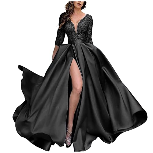 TIMELYE Damen Lang Kleid Unregelmäßiger Saum mit Schlitz Ballkleid Sexy Tief V-Ausschnitt Einfarbig Abendkleid Hoher Taille Half Ärmel Frauenkleid Maxi von TIMELYE