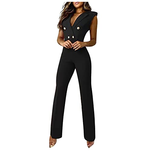 TIMELYE Damen Overall Farbblock Slim Fit Business Beruf Elegante Jumpsuit Kurze Ärmel Revers Hosenanzug Skinny Vintage Knopf Playsuit Bodycon Romper Lässige Büro Formal Romper Casual Outfits Anzug von TIMELYE