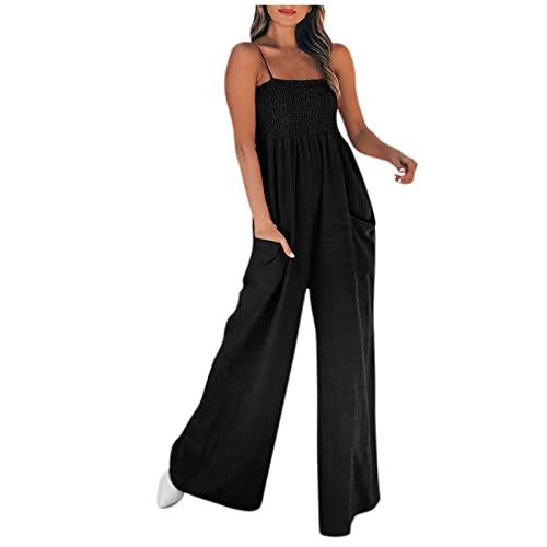 TIMELYE Jumpsuit Damen Sommer Strand Lang Elegant Weites Bein Overall Frauen Rückenfrei Einfarbig Festlich Party Breites Bein Hosenanzug Spaghetti Strap Rückenfrei Baggy Playsuit Spielanzug Romper von TIMELYE