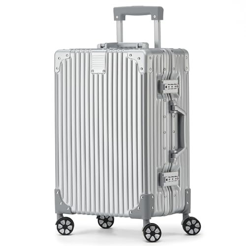 TITANO Koffer, 55cm Hartschalen Trolley Aluminium Rahmen, Handgepäck Cabin Reisekoffer, Rollkoffer Spinner Carry-on mit 4 Rollen und doppelte TSA Schloss 35L (Silber) von TITANO