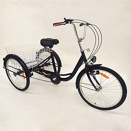 TIXBYGO 24 Zoll Zahnräder Dreirad für Erwachsene,6-Gang Erwachsenen Dreirad mit Lampe,3-Rad Fahrrad mit Einkaufskorb,Dreirad für Erwachsene ​Komfort Fahrrad Outdoor Sports Urban Schwarz (Schwarz) von TIXBYGO