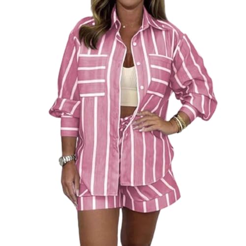 TJDKKYH Button-Down-Hemd + Shorts, gestreiftes Set, zweiteiliges Button-Down-Hemd und Shorts für Damen (XL,Pink) von TJDKKYH