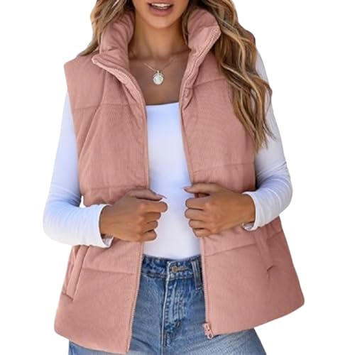 TJDKKYH Cord-Pufferweste für Damen, Cord, Cropped-Daunenweste, leicht, Stehkragen, ärmellose Jacke (Rosa, Größe L) von TJDKKYH