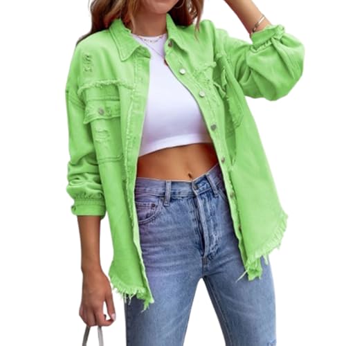 TJDKKYH Damen-Jeansjacke mit zerrissenen Fransen und Taschen, ausgefranstem Saum, Knopfleiste vorne, Boyfriend-Jeansjacke (Hellgrün, XL) von TJDKKYH