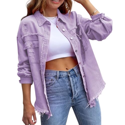 TJDKKYH Giacca da Donna in Denim Oversize Con frange strappate e Tasche Con Orlo sfrangiato (XL,Purple) von TJDKKYH