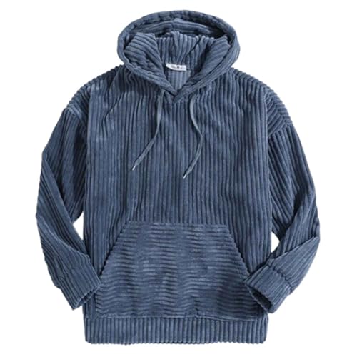 TJDKKYH Herbst Cord-Kapuzenpullover für Herren, einfarbig, Cord-Kapuzenpullover mit Kordelzug, langärmelig, lässiger Pullover (Blau, L) von TJDKKYH