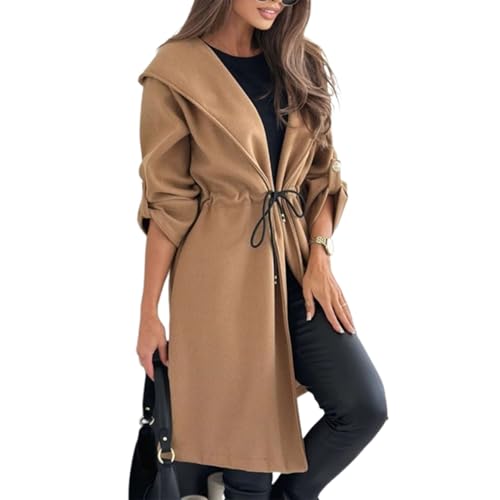 TJDKKYH Lange Jacke mit Kapuze für Damen mit geschnürter Taille, Windjacke mit Kapuze für Damen mit gerollter Taille (XXL,Khaki) von TJDKKYH