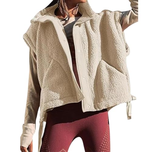 TJDKKYH Lockere Fleeceweste, Fleeceweste für Damen, lässige ärmellose Sherpa-Jacke mit Knöpfen und Taschen (S,Beige) von TJDKKYH