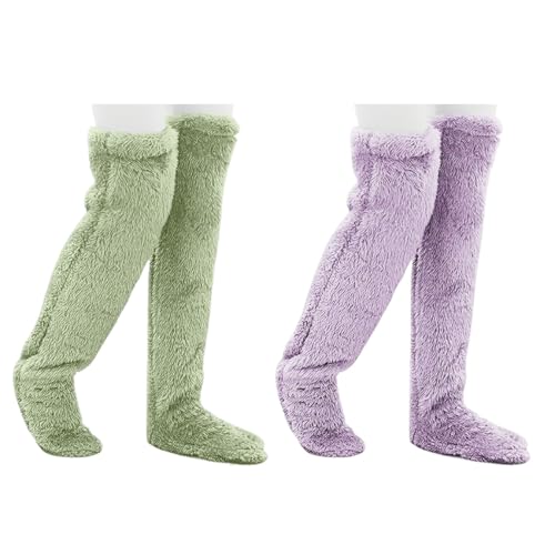 TJDKKYH Overknee-Plüsch-Slippersocken, hohe Röhren-Plüschsocken, Plüsch-langes Beinanzug, Plüsch-Schlafsocken (Grün + Lila) von TJDKKYH