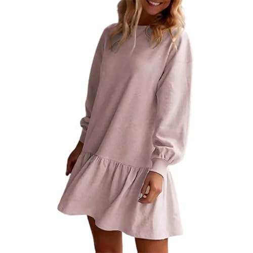 TJDKKYH Ripp-Patchwork-Kleid mit Rundhalsausschnitt, Rundhalsausschnitt, langärmelig, Rüschen, Sweatshirt, Minikleid (Rosa, Größe L) von TJDKKYH