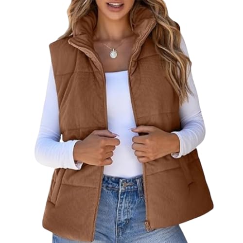 TJDKKYH Wattierte Cordweste für Damen, Kurze Cordweste für Damen, leichte ärmellose Jacke mit (L,Dark Brown) von TJDKKYH