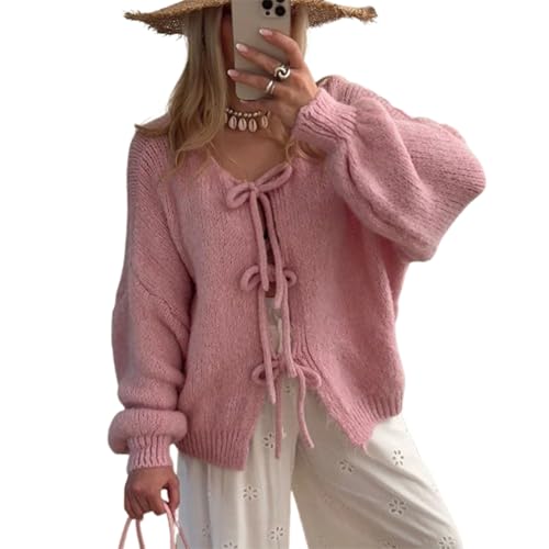 TJDKKYH Y2k Strickjacke mit Fliege vorne, lange Ärmel, vorne offen, übergroße Strickwaren, Oberteile, Krawatte vorne, Rosa, Größe S von TJDKKYH