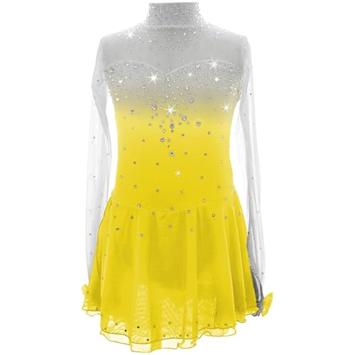 TJDWPRRD EIS Eiskunstlauf Leistung Kleid, Strass Rollschuhe Wettbewerb Outfit Dehnbar Ballett Tanzkleidung Langarm Rhythmisch Gymnastik Uniform,Gelb,XL von TJDWPRRD