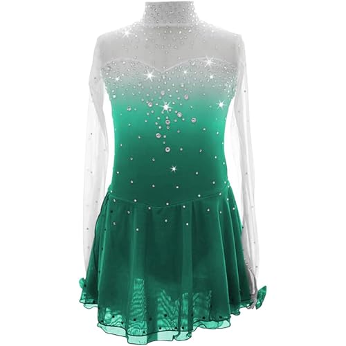 TJDWPRRD EIS Eiskunstlauf Leistung Kleid, Strass Rollschuhe Wettbewerb Outfit Dehnbar Ballett Tanzkleidung Langarm Rhythmisch Gymnastik Uniform,Grün,S von TJDWPRRD