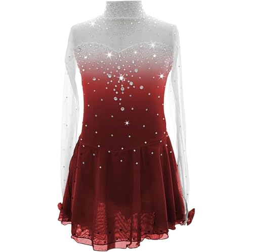 TJDWPRRD EIS Eiskunstlauf Leistung Kleid, Strass Rollschuhe Wettbewerb Outfit Dehnbar Ballett Tanzkleidung Langarm Rhythmisch Gymnastik Uniform,Rot,XL von TJDWPRRD