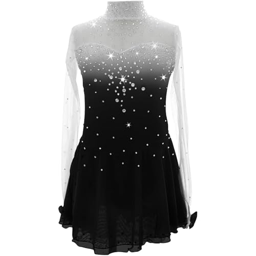 TJDWPRRD EIS Eiskunstlauf Leistung Kleid, Strass Rollschuhe Wettbewerb Outfit Dehnbar Ballett Tanzkleidung Langarm Rhythmisch Gymnastik Uniform,Schwarz,15_16Years von TJDWPRRD