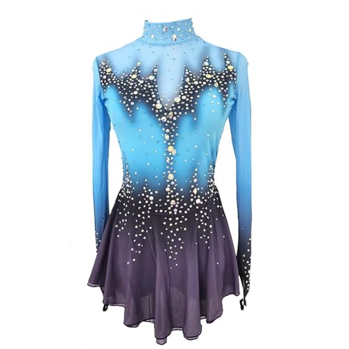 TJDWPRRD Langarm Eislauf Kleid für Mädchen Handgefertigt Kristall Gymnastik Ballett Rock Gradient Eiskunstlauf Kleidung Halofärben Rollschuh Tanzkleidung,Blau,15_16Years von TJDWPRRD