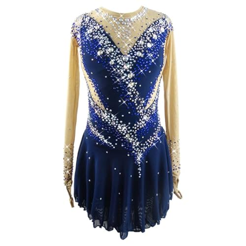 TJDWPRRD Mädchen Eiskunstlauf Kleid, Kristall Eislauf Wettbewerb Kleidung Handgefertigt Rollschuh Leistung Kostüm Damen Ausbildung Ballett Gymnastik Uniform,Blau,XXL von TJDWPRRD