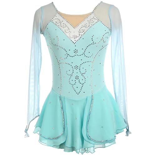 TJDWPRRD Mädchen Eiskunstlauf Kleidung Handgefertigt Strass Eislauf Kleid für Leistung Rhythmisch Gymnastik Trikots Langarm Eisballett Rollschuh Outfit,Blau,XL von TJDWPRRD