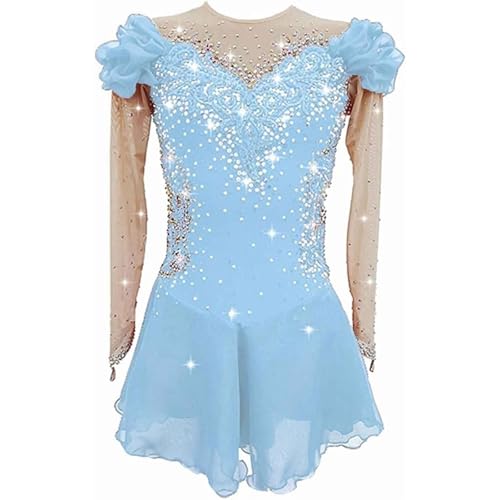 TJDWPRRD Mädchen Eislauf Kleider Langarm Rollschuhe Rock Strass Skaten Leistungswettbewerb Kostüme Glänzend Ballett Gymnastik Aktivkleidung,Light Blue,11_13Years von TJDWPRRD