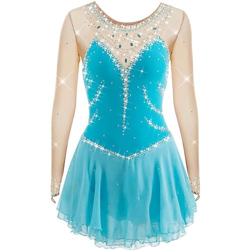 TJDWPRRD Mädchen Eislauf Wettbewerb Kleid Handgefertigt Eiskunstlauf Leistung Rock Ballett Rhythmisch Gymnastik Trikots Langarm Rollschuh Kleidung,Blau,M von TJDWPRRD