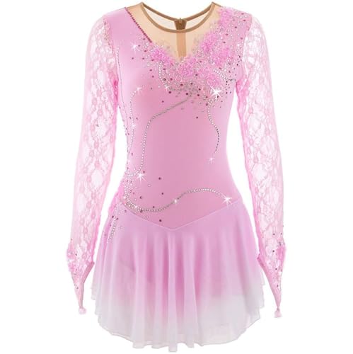 TJDWPRRD Mädchen Eisrolle Skaten Üben Kostüm Eiskunstlauf Wettbewerb Kleid Spitze Rhythmisch Gymnastik Trikot Langarm Ballett Tanzen Leistung Kleidung,C,7_10Years von TJDWPRRD