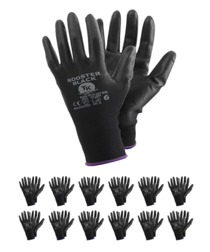 TK Gloves ROOSTER BLACK/Schutzhandschuh aus Polyester, beschichtet mit Polyurethan/Größe 08, 12 Paar/Schwarz/Montagehandschuhe/Handschuhe Arbeitshandschuhe von TK Gloves
