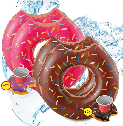 SwimAlot® 4X XXL Aufblasbarer angebissener braun + pink Donut mit Biss Schwimmring für Pool, mit 4X aufblasbaren Getränkehalter für Cocktails, Getränke UVM. von TK Gruppe Timo Klingler