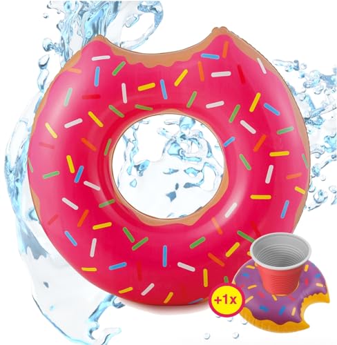 Aufblasbar Donut Schwimmring pink Ø 120 cm mit Biss - Schwimmreifen Pool & Wasser, mit je Getränkehalter für Erwachsene & Kinder von TK Gruppe Timo Klingler