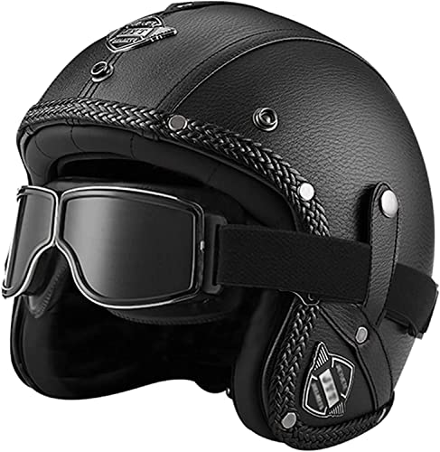 Jethelm Retro-Leder-Motorradhelm 3/4-Jet-Brille Modische Abnehmbare Krempe DOT/ECE-Geprüft Für Männer Und Frauen Halbhelm A,L(59-60CM) von TKTTBD