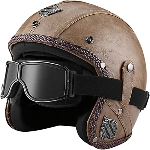 Jethelm Retro-Leder-Motorradhelm 3/4-Jet-Brille Modische Abnehmbare Krempe DOT/ECE-Geprüft Für Männer Und Frauen Halbhelm J,XL(61-62CM) von TKTTBD