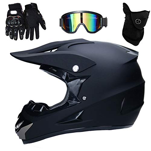 Motocross Helm Matte Schwarz, Herren Crosshelm mit Brillen Maske Handschuhe (4Pcs), Adult Motorrad Sports Damen Männer Enduro Downhill Helm ATV MTB Quad Motorräder Off-Road-Motorrad-Helm,M(54~55cm) von TKUI