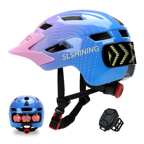 Fahrradhelm Kinder Jungen Mädchen LED Licht Anzeige mit Abbiegesignale, Helm Kinder mit Wireless Controller, EPS Liner | Abnehmbare Sonnenblende | Einstellbare | Leichte Kinderhelm (Pink) von TMEOIIPY