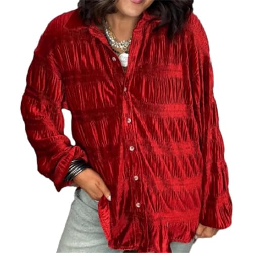 2024 Neues Gerafftes Samt-Button-Down-Oberteil für Damen, Vintage-Oberteile, Samt-Button-Up-Hemd, Damenbluse. (red,XXXL) von TMFGLERI