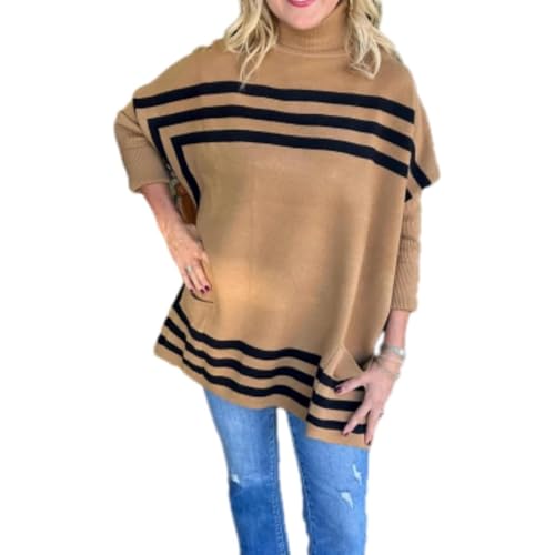 TMFGLERI Pinklaura Damen-Pullover mit hohem Halsausschnitt, Fledermausärmel, Fledermausärmel, gestreifter Pullover mit Fledermausärmeln, Camel, Größe XXL von TMFGLERI