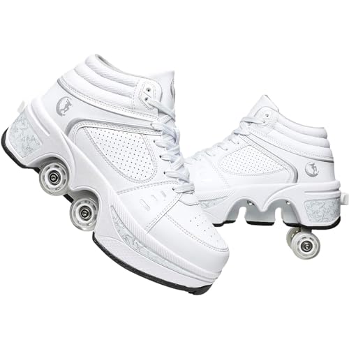 Schuhe mit Rollen für Jungen,Rollschuhe Damen Roller Shoes,LED Rollerskates,Turnschuhe mit Rollen Mädchen,Deformation Rollschue Draussen,Roller Sneaker Geburtstagsgeschenk (White high top, EU-37) von TO.DREAM