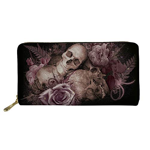 TOADDMOS Lila Blau Star Galaxy Damen Lange Geldbörse PU Leder Reißverschluss Rund Handy Clutch Reise Kartenhalter Geldbörse, Totenkopf Floral, Einheitsgröße, Vintage von TOADDMOS