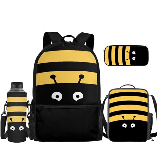 TOADDMOS Kinder-Rucksack für Jungen und Mädchen, Schulter-Büchertasche mit Lunchbox, Federmäppchen, Wasserflaschen-Tragetasche, 4-teilig, Tierbiene, Rucksack, Rucksäcke von TOADDMOS