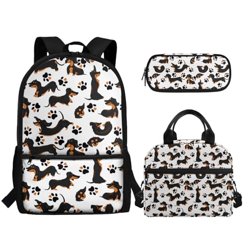 TOADDMOS Rucksack für Kinder, Mädchen, Jungen, Schultasche, Büchertaschen-Set mit Mittagessen, tragbar und Federmäppchen, Dackel Hund, Rucksack, Rucksäcke von TOADDMOS