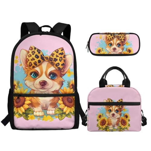 TOADDMOS Schulrucksack für Mädchen und Jungen, große Kapazität, Schultasche mit Lunchbox, Federmäppchen, 3 Stück, Sonnenblumen-Corgi-Hund, Rucksack, Rucksäcke von TOADDMOS