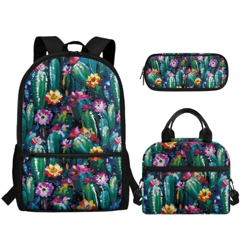 TOADDMOS Schulrucksack für Mädchen und Jungen, große Kapazität, Schultasche mit Lunchbox, Federmäppchen, 3 Stück, Tropischer Kaktus, Rucksack, Rucksäcke von TOADDMOS